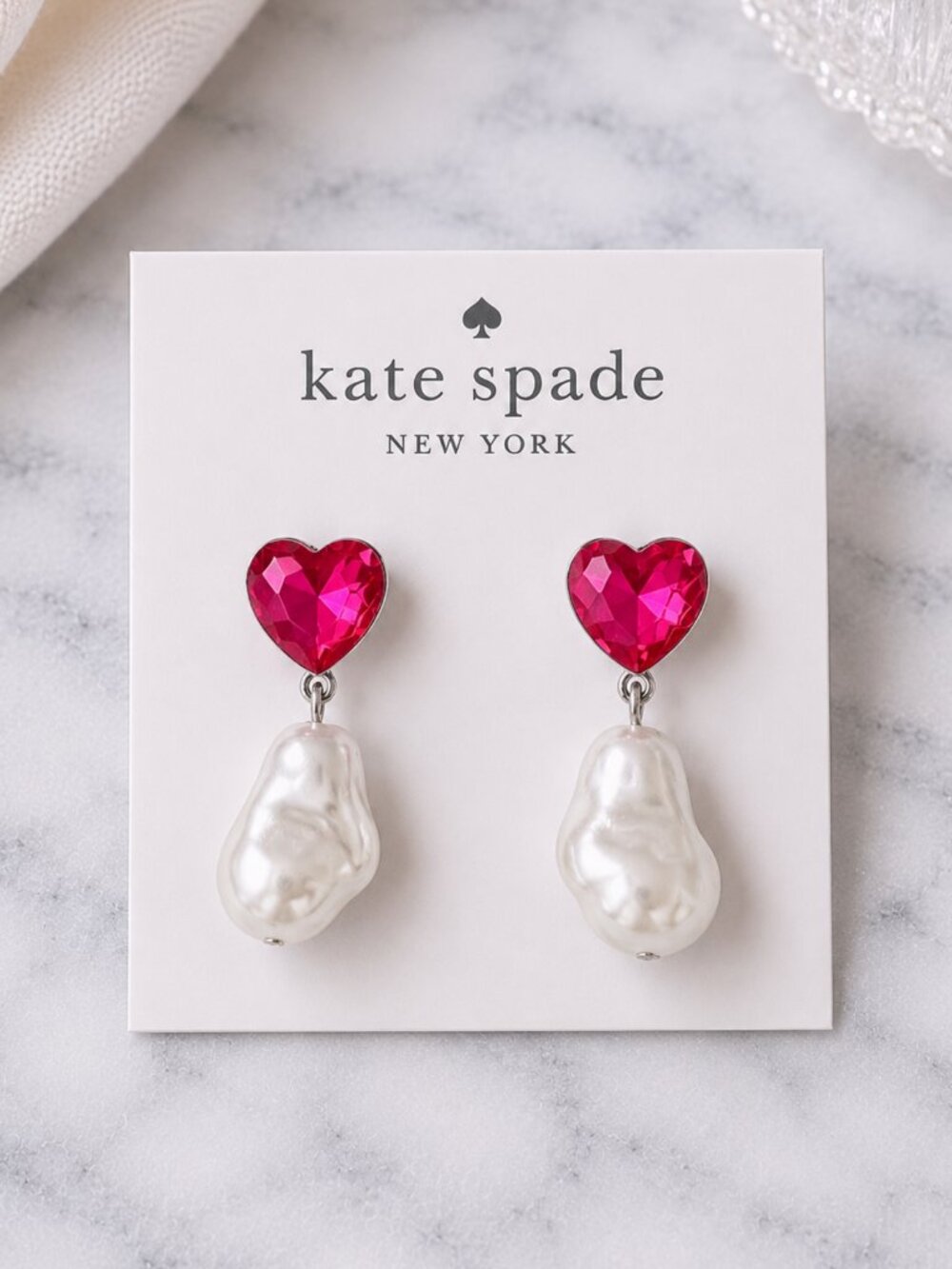 Kate Spade Pink Heart Pearl Drop Earrings Crystal Dangle Coquette Earrings💗
